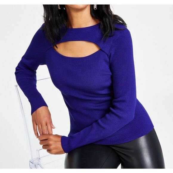 INC International Concepts Women's Sz M Blue Ribbed Cutout Crewneck Sweater - Picture 7 of 7